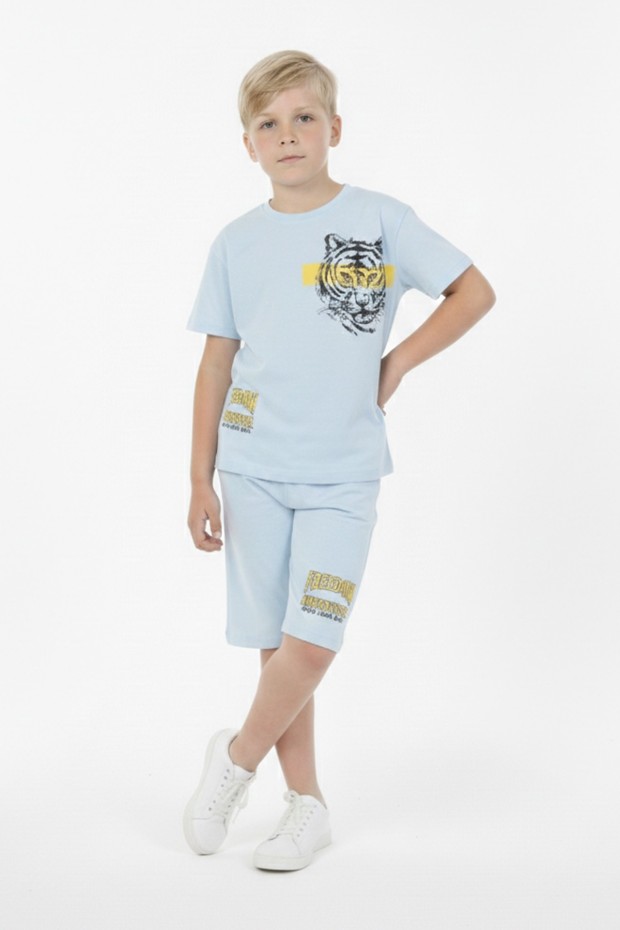 Erkek Çocuk Baskılı %100 Pamuk Süprem Kumaş Reaktif Boyama Şortlu Takım 