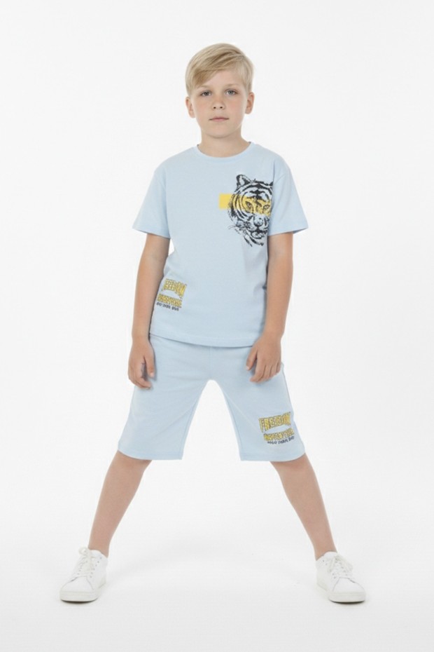 Erkek Çocuk Baskılı %100 Pamuk Süprem Kumaş Reaktif Boyama Şortlu Takım 