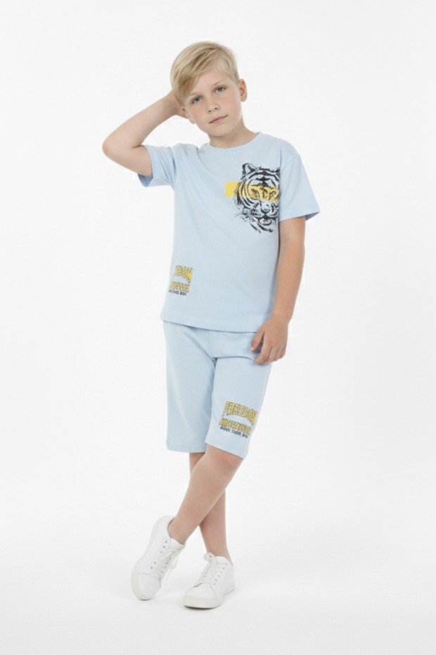 Erkek Çocuk Baskılı %100 Pamuk Süprem Kumaş Reaktif Boyama Şortlu Takım 