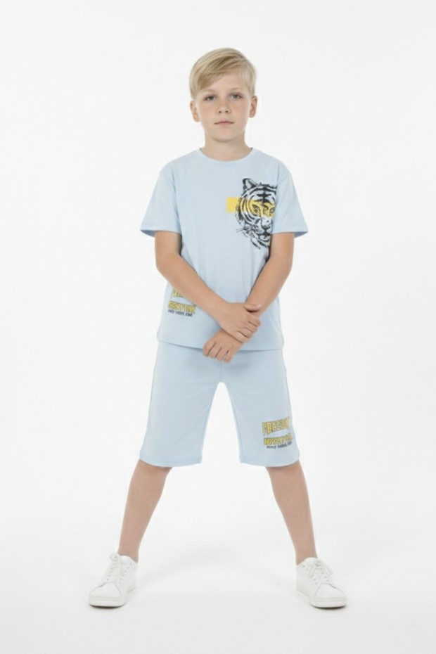 Erkek Çocuk Baskılı %100 Pamuk Süprem Kumaş Reaktif Boyama Şortlu Takım 