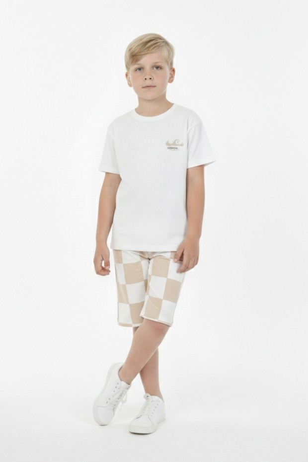 Erkek Çocuk Arkası Baskılı %100 Pamuk Reaktif Boyama Kareli Şortlu Takım 