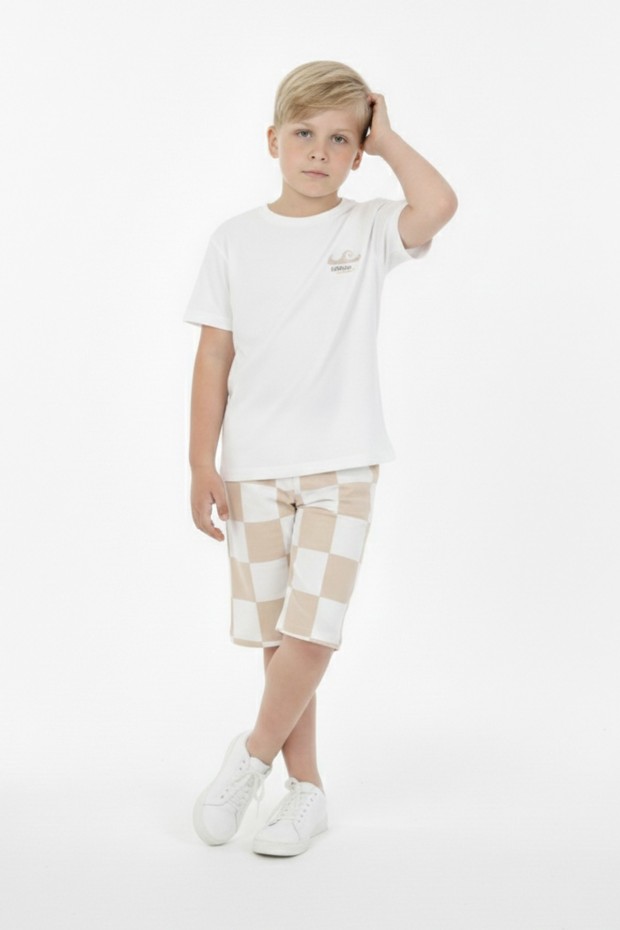 Erkek Çocuk Arkası Baskılı %100 Pamuk Reaktif Boyama Kareli Şortlu Takım 