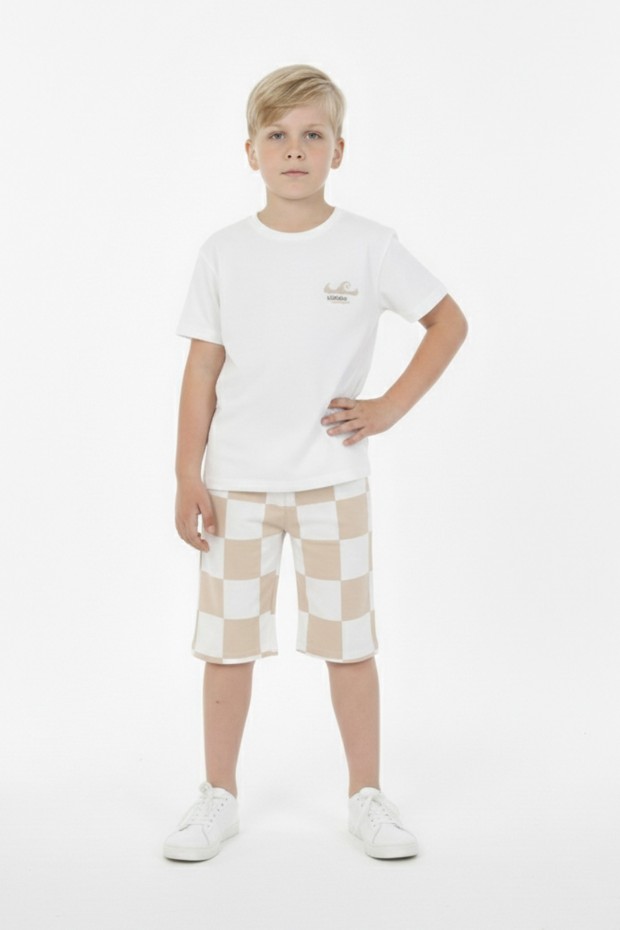 Erkek Çocuk Arkası Baskılı %100 Pamuk Reaktif Boyama Kareli Şortlu Takım 