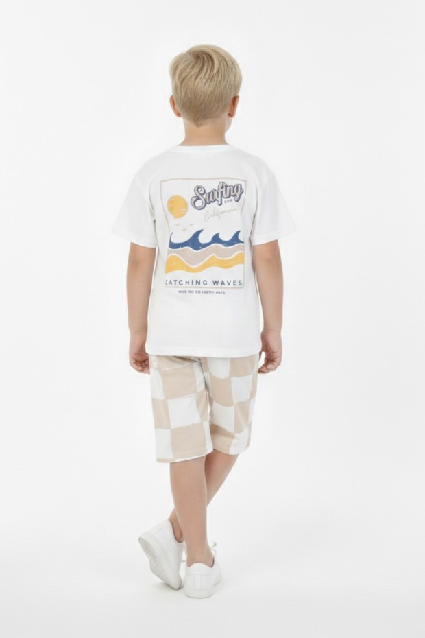 Erkek Çocuk Arkası Baskılı %100 Pamuk Reaktif Boyama Kareli Şortlu Takım 