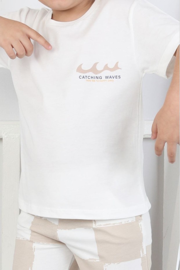 Erkek Çocuk Arkası Baskılı %100 Pamuk Reaktif Boyama Kareli Şortlu Takım 