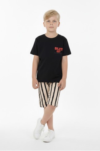 Erkek Çocuk Arkası Baskılı %100 Pamuk Reaktif Boyama Çizgili Şortlu Takım