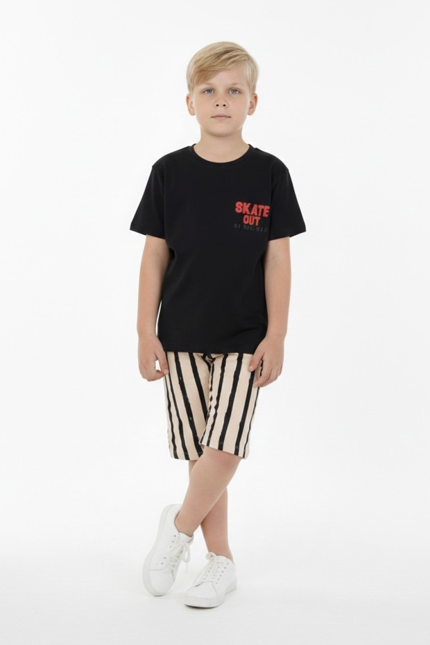 Erkek Çocuk Arkası Baskılı %100 Pamuk Reaktif Boyama Çizgili Şortlu Takım