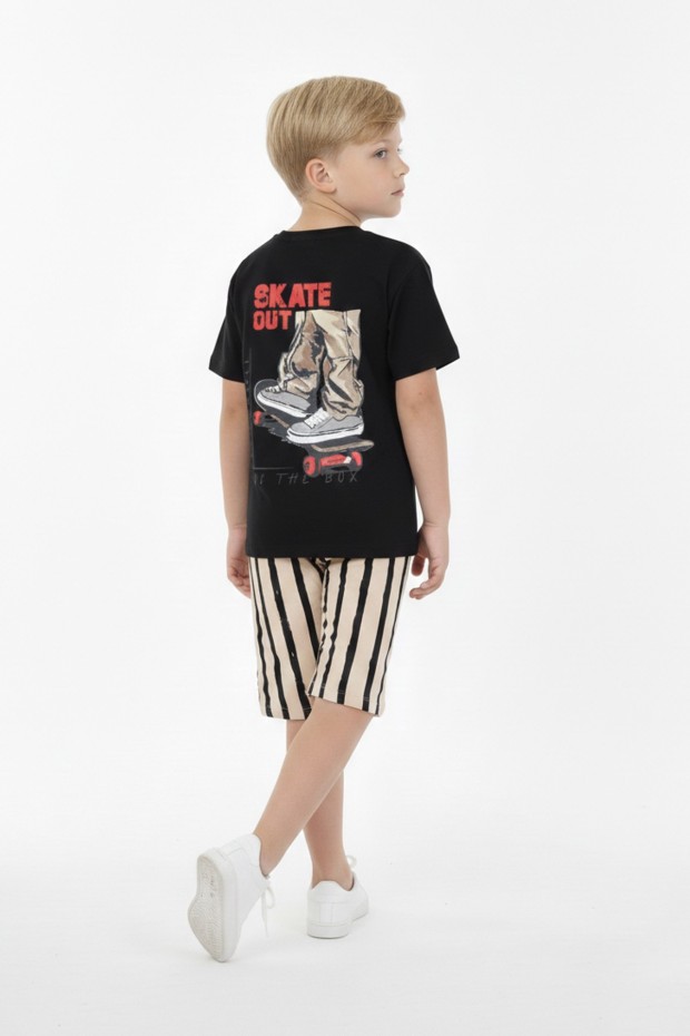 Erkek Çocuk Arkası Baskılı %100 Pamuk Reaktif Boyama Çizgili Şortlu Takım