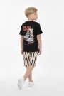 Erkek Çocuk Arkası Baskılı %100 Pamuk Reaktif Boyama Çizgili Şortlu Takım
