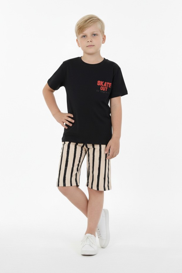 Erkek Çocuk Arkası Baskılı %100 Pamuk Reaktif Boyama Çizgili Şortlu Takım