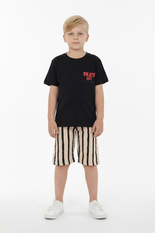 Erkek Çocuk Arkası Baskılı %100 Pamuk Reaktif Boyama Çizgili Şortlu Takım