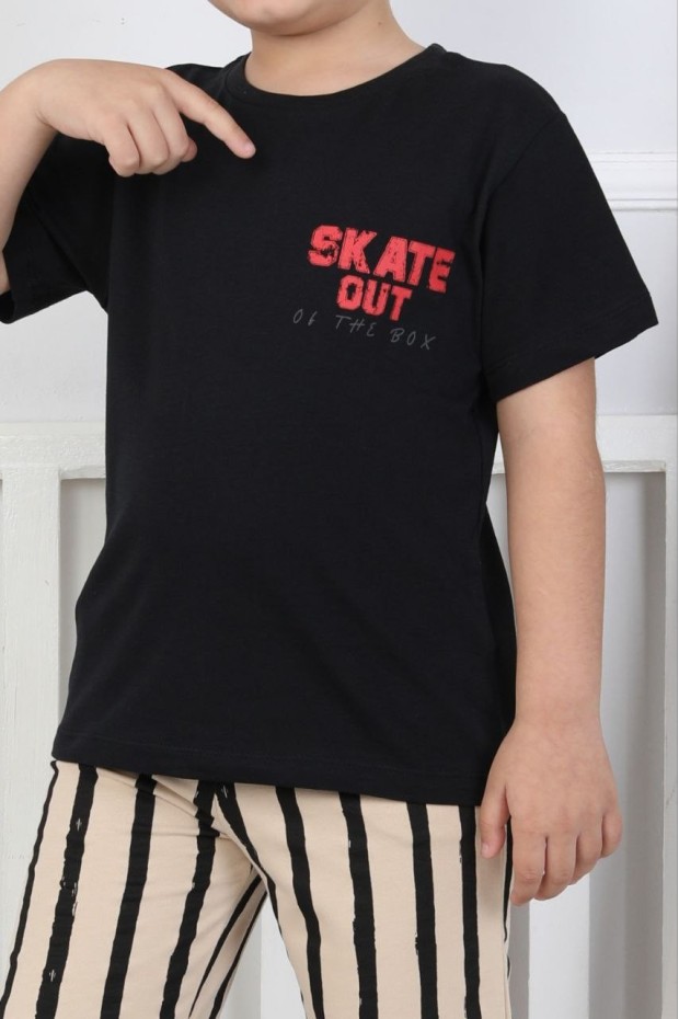 Erkek Çocuk Arkası Baskılı %100 Pamuk Reaktif Boyama Çizgili Şortlu Takım