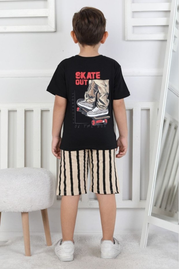 Erkek Çocuk Arkası Baskılı %100 Pamuk Reaktif Boyama Çizgili Şortlu Takım