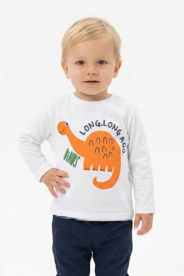 Erkek Bebek Turuncu Dinozor Baskılı Uzun Kollu Bisiklet Yaka Sweatshirt Tişört