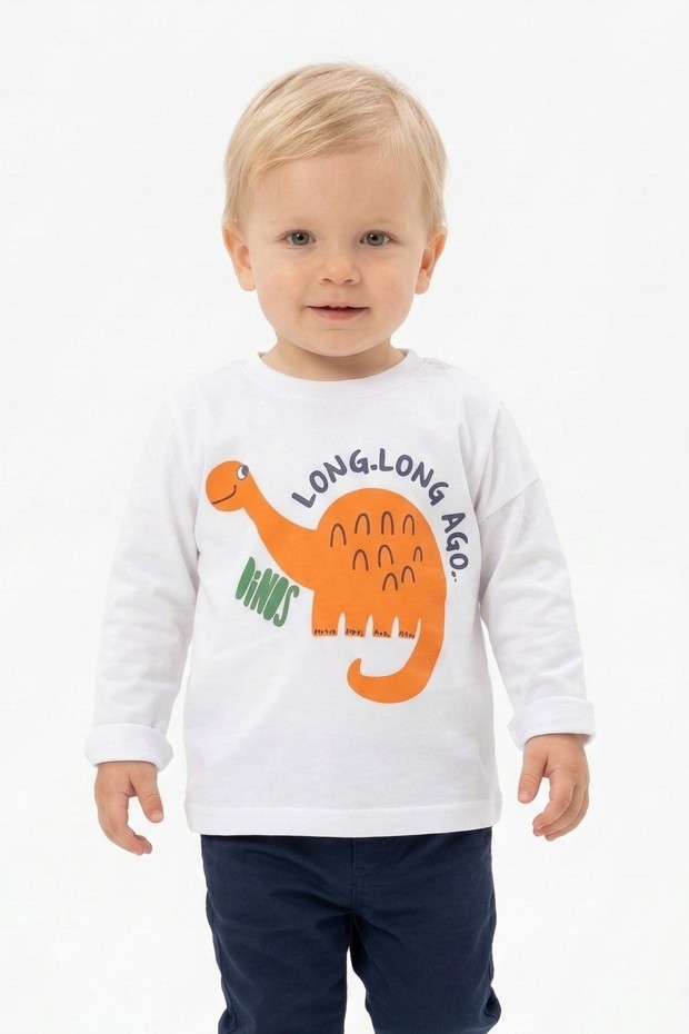 Erkek Bebek Turuncu Dinozor Baskılı Uzun Kollu Bisiklet Yaka Sweatshirt Tişört
