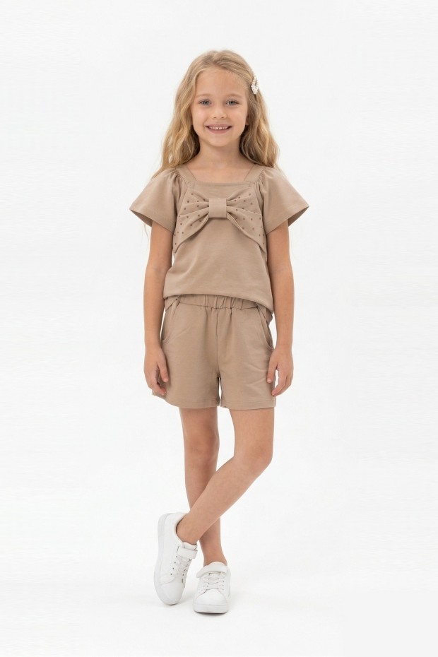 Kız Çocuk Önü Fiyonk Taş Baskılı Kare Yaka Tişört %100 Pamuk Süprem Kumaş Cepli Şortlu Takım