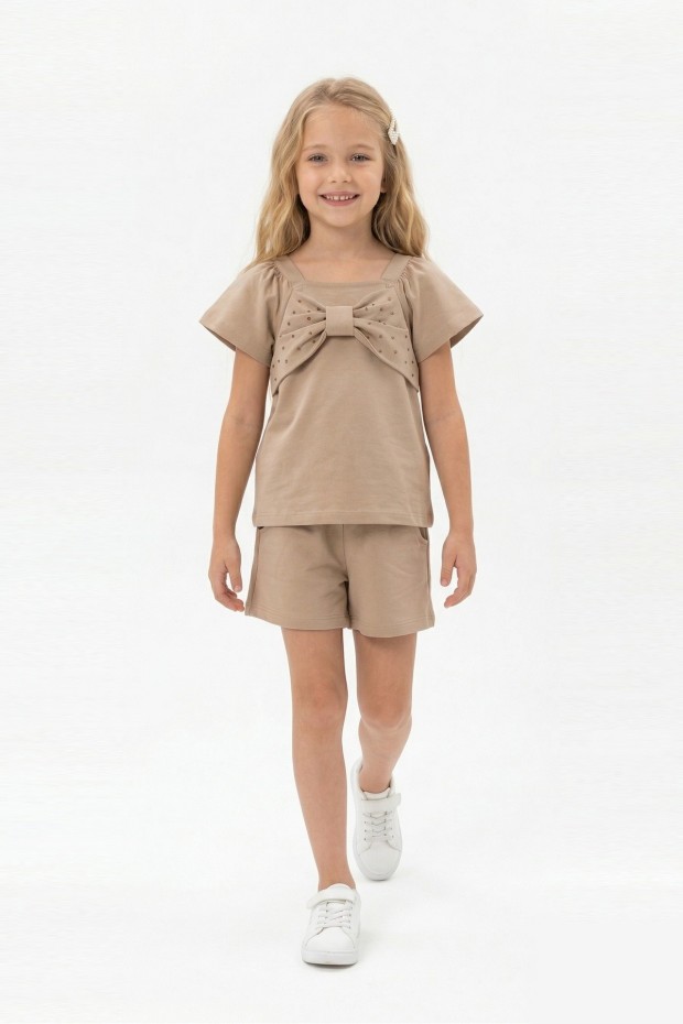 Kız Çocuk Önü Fiyonk Taş Baskılı Kare Yaka Tişört %100 Pamuk Süprem Kumaş Cepli Şortlu Takım