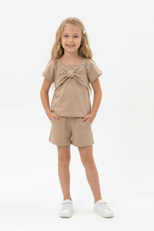 Kız Çocuk Önü Fiyonk Taş Baskılı Kare Yaka Tişört %100 Pamuk Süprem Kumaş Cepli Şortlu Takım