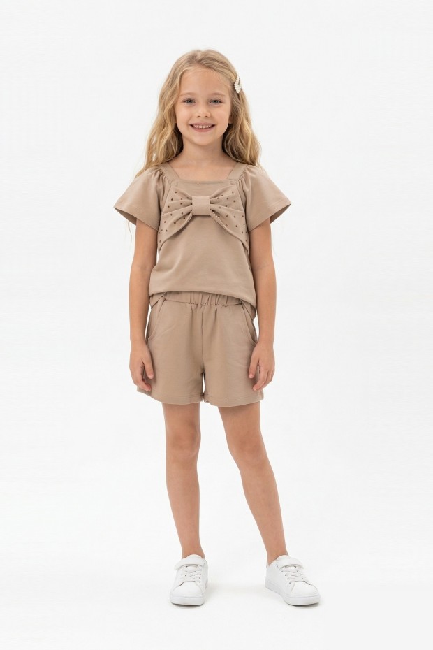 Kız Çocuk Önü Fiyonk Taş Baskılı Kare Yaka Tişört %100 Pamuk Süprem Kumaş Cepli Şortlu Takım