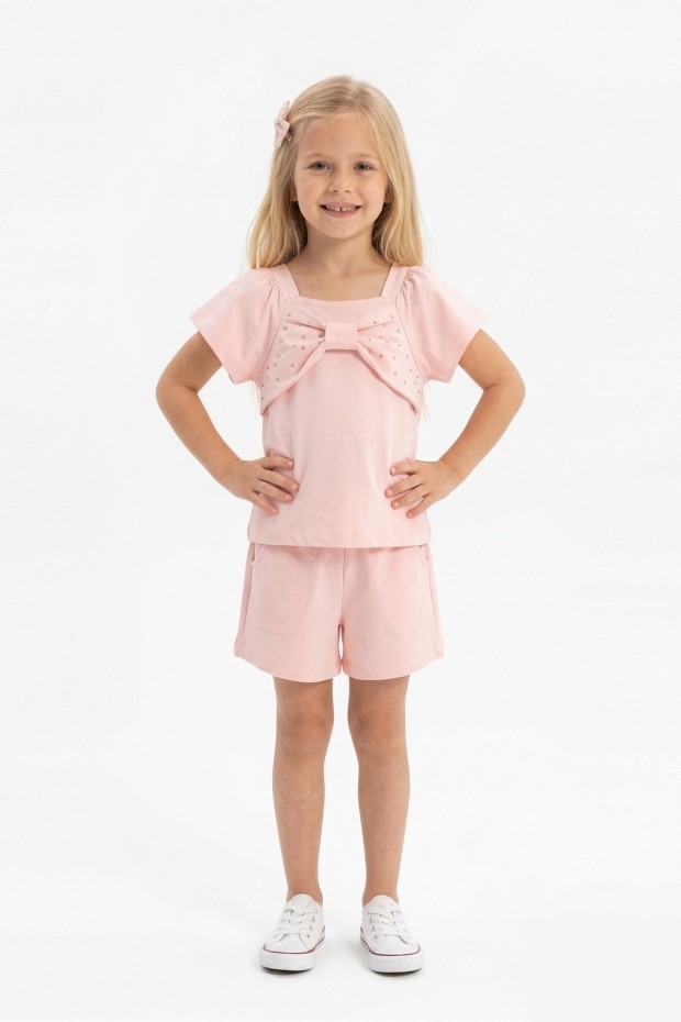 Kız Çocuk Önü Fiyonk Taş Baskılı Kare Yaka Tişört %100 Pamuk Süprem Kumaş Cepli Şortlu Takım