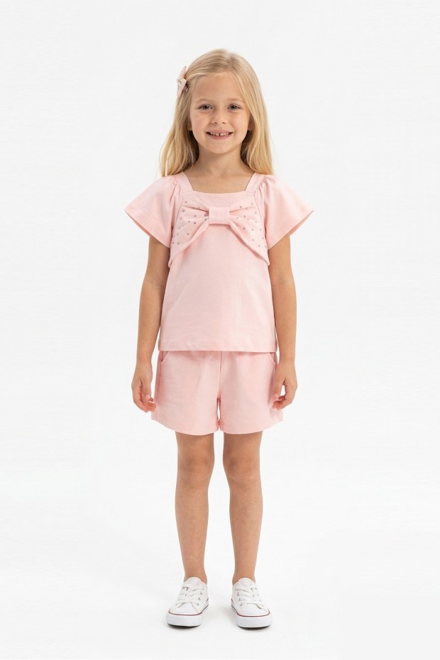 Kız Çocuk Önü Fiyonk Taş Baskılı Kare Yaka Tişört %100 Pamuk Süprem Kumaş Cepli Şortlu Takım