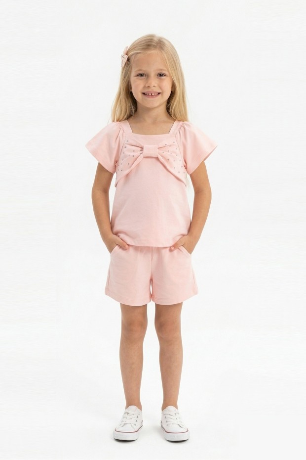 Kız Çocuk Önü Fiyonk Taş Baskılı Kare Yaka Tişört %100 Pamuk Süprem Kumaş Cepli Şortlu Takım