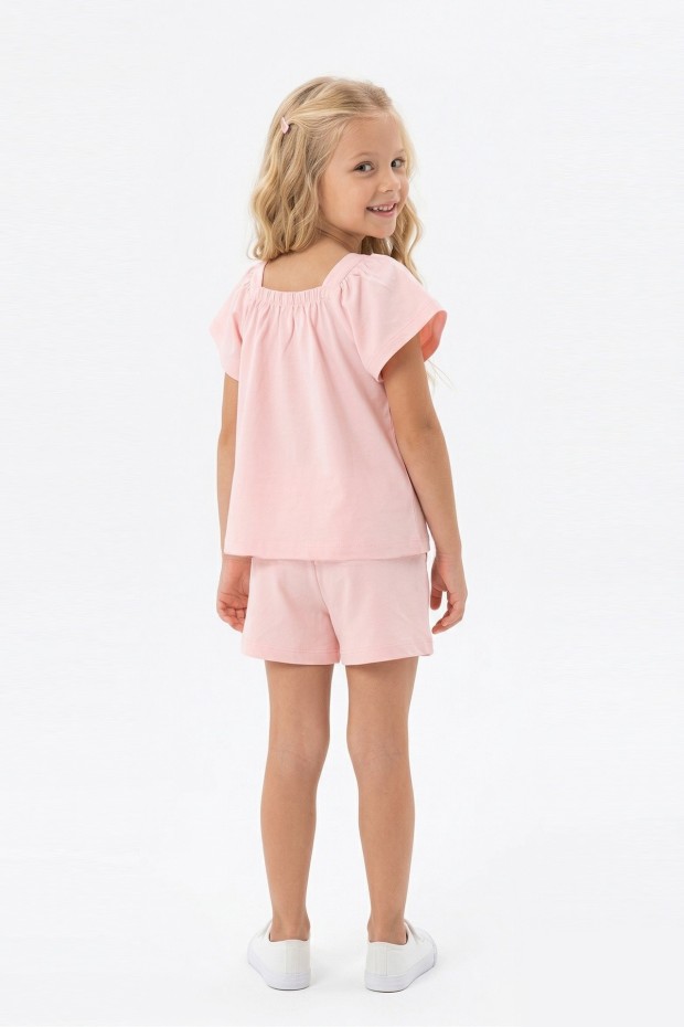 Kız Çocuk Önü Fiyonk Taş Baskılı Kare Yaka Tişört %100 Pamuk Süprem Kumaş Cepli Şortlu Takım