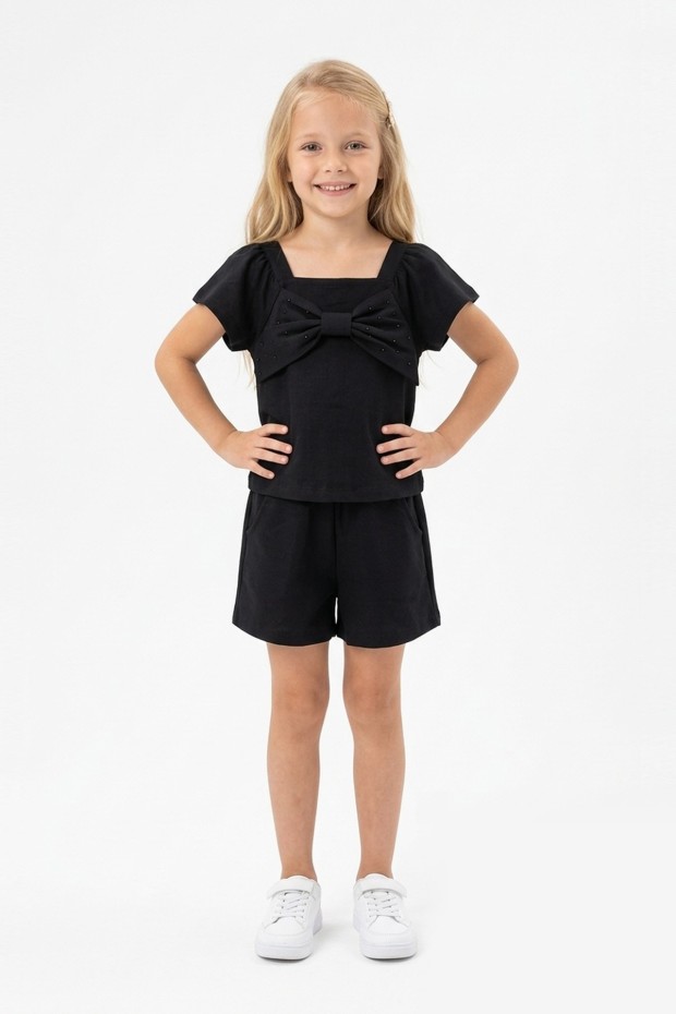 Kız Çocuk Önü Fiyonk Taş Baskılı Kare Yaka Tişört %100 Pamuk Süprem Kumaş Cepli Şortlu Takım