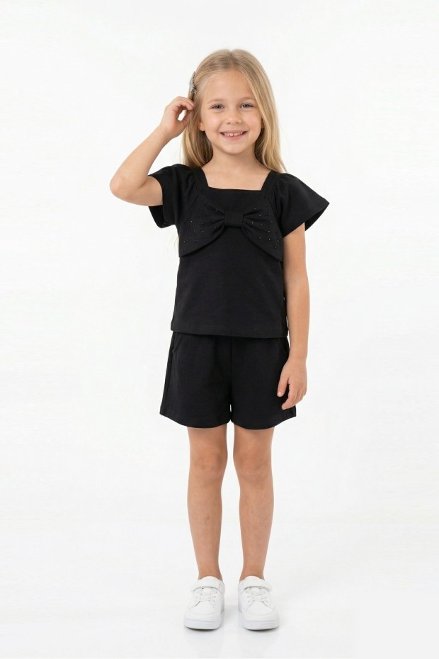 Kız Çocuk Önü Fiyonk Taş Baskılı Kare Yaka Tişört %100 Pamuk Süprem Kumaş Cepli Şortlu Takım