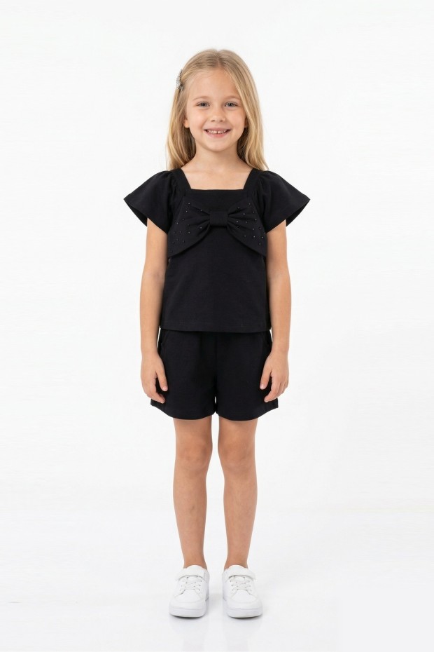 Kız Çocuk Önü Fiyonk Taş Baskılı Kare Yaka Tişört %100 Pamuk Süprem Kumaş Cepli Şortlu Takım