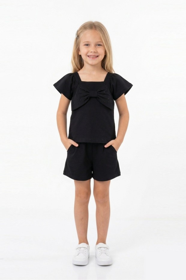 Kız Çocuk Önü Fiyonk Taş Baskılı Kare Yaka Tişört %100 Pamuk Süprem Kumaş Cepli Şortlu Takım