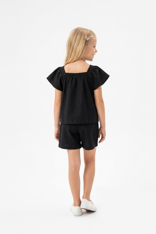 Kız Çocuk Önü Fiyonk Taş Baskılı Kare Yaka Tişört %100 Pamuk Süprem Kumaş Cepli Şortlu Takım