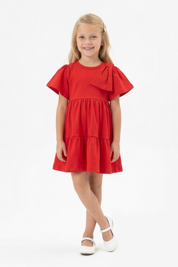 Kız Çocuk Bel Büzgülü Omuz Taş Baskılı Fiyonklu %100 Pamuk Süprem Kumaş Yazlık Elbise