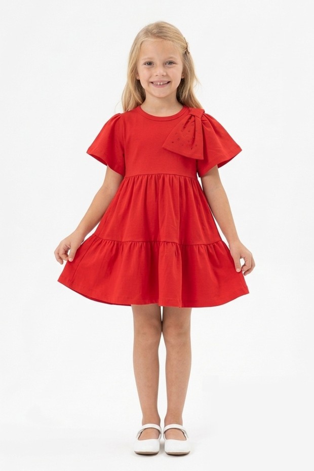 Kız Çocuk Bel Büzgülü Omuz Taş Baskılı Fiyonklu %100 Pamuk Süprem Kumaş Yazlık Elbise