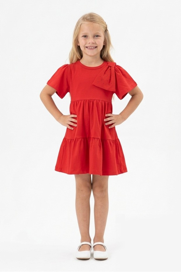 Kız Çocuk Bel Büzgülü Omuz Taş Baskılı Fiyonklu %100 Pamuk Süprem Kumaş Yazlık Elbise