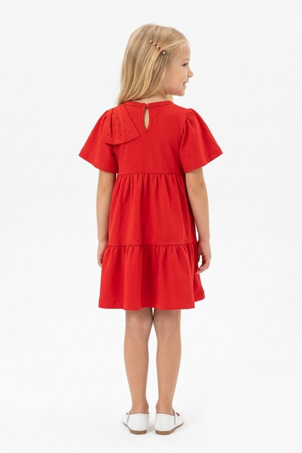 Kız Çocuk Bel Büzgülü Omuz Taş Baskılı Fiyonklu %100 Pamuk Süprem Kumaş Yazlık Elbise