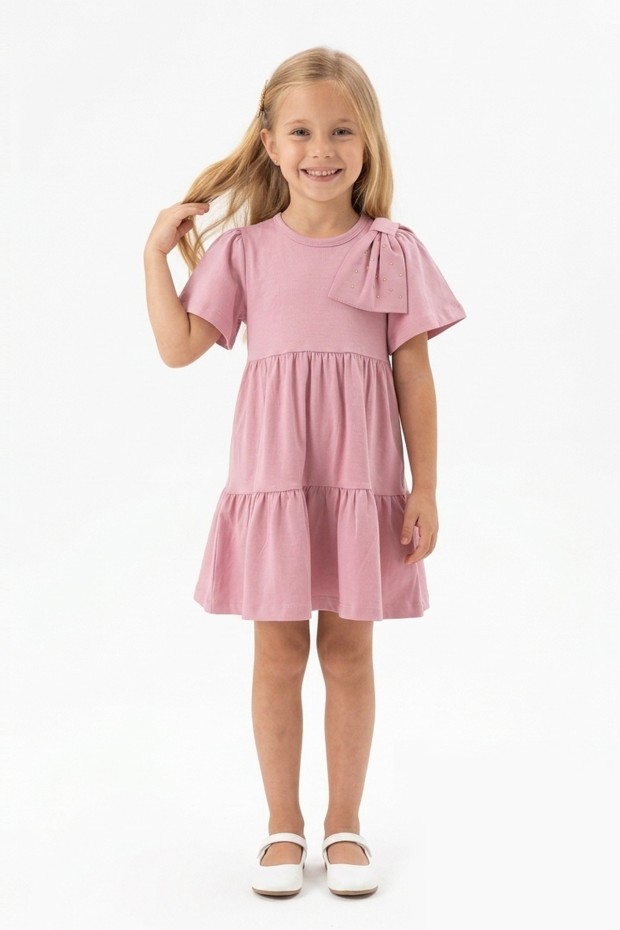 Kız Çocuk Bel Büzgülü Omuz Taş Baskılı Fiyonklu %100 Pamuk Süprem Kumaş Yazlık Elbise