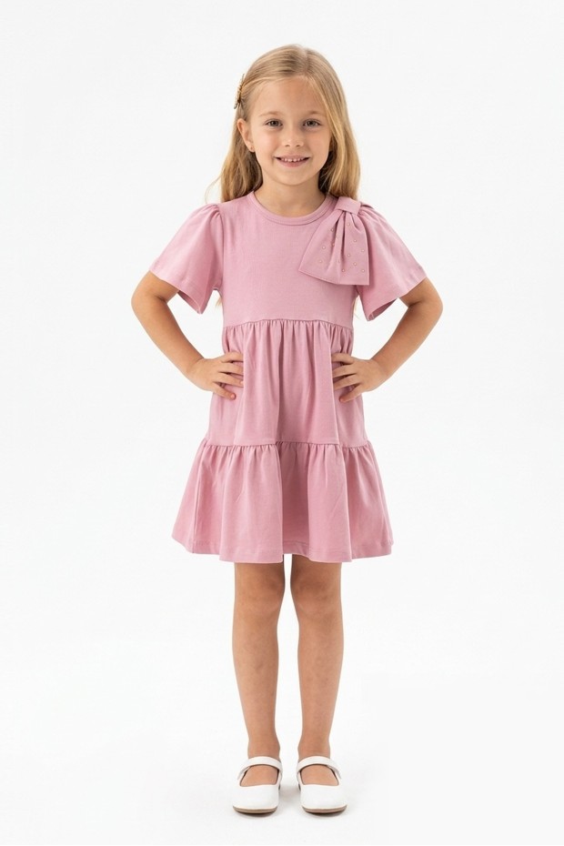 Kız Çocuk Bel Büzgülü Omuz Taş Baskılı Fiyonklu %100 Pamuk Süprem Kumaş Yazlık Elbise