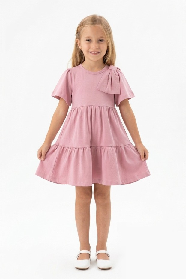 Kız Çocuk Bel Büzgülü Omuz Taş Baskılı Fiyonklu %100 Pamuk Süprem Kumaş Yazlık Elbise