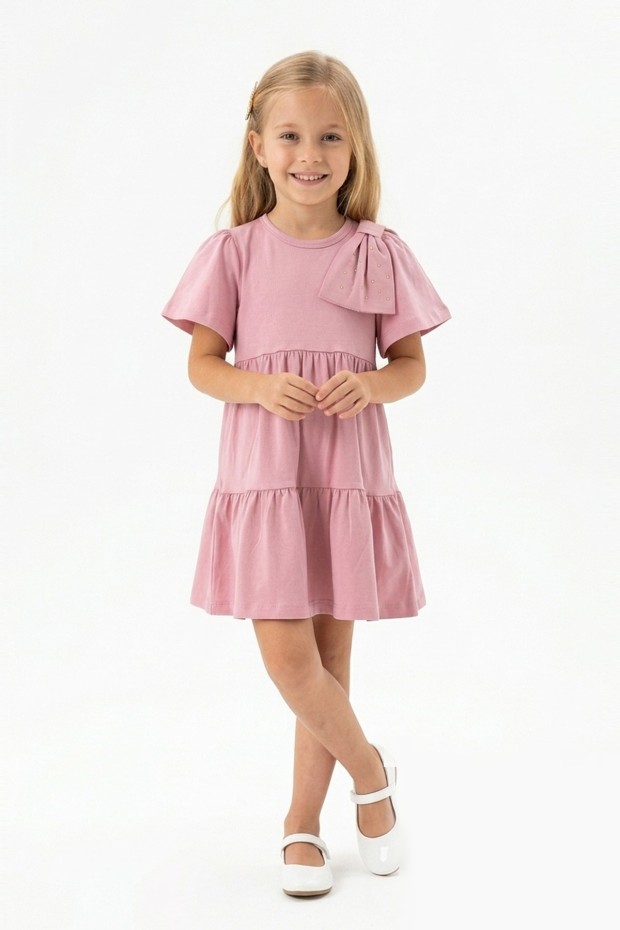 Kız Çocuk Bel Büzgülü Omuz Taş Baskılı Fiyonklu %100 Pamuk Süprem Kumaş Yazlık Elbise