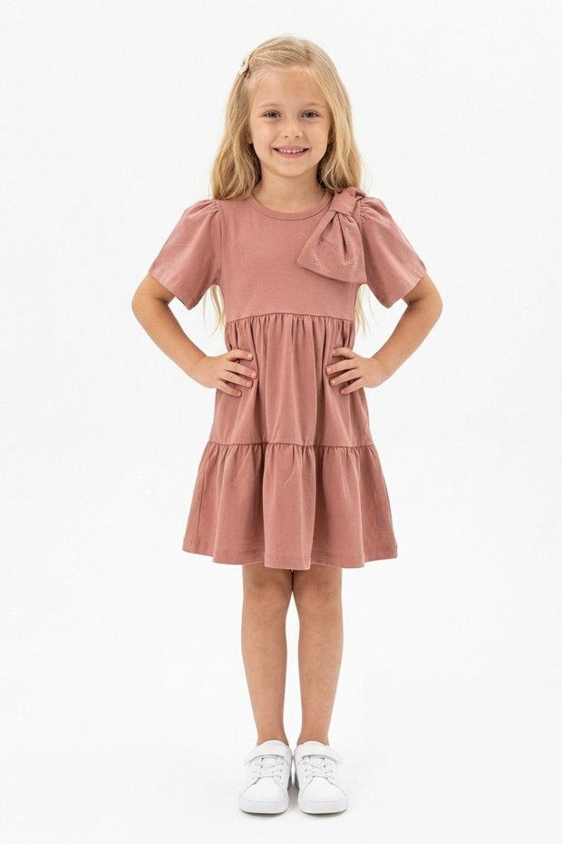 Kız Çocuk Bel Büzgülü Omuz Taş Baskılı Fiyonklu %100 Pamuk Süprem Kumaş Yazlık Elbise