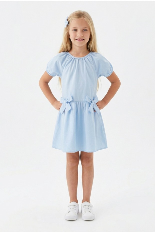 Kız Çocuk Karpuz Kollu Fiyonk Detay %100 Pamuk Vual Kumaş Elbise 