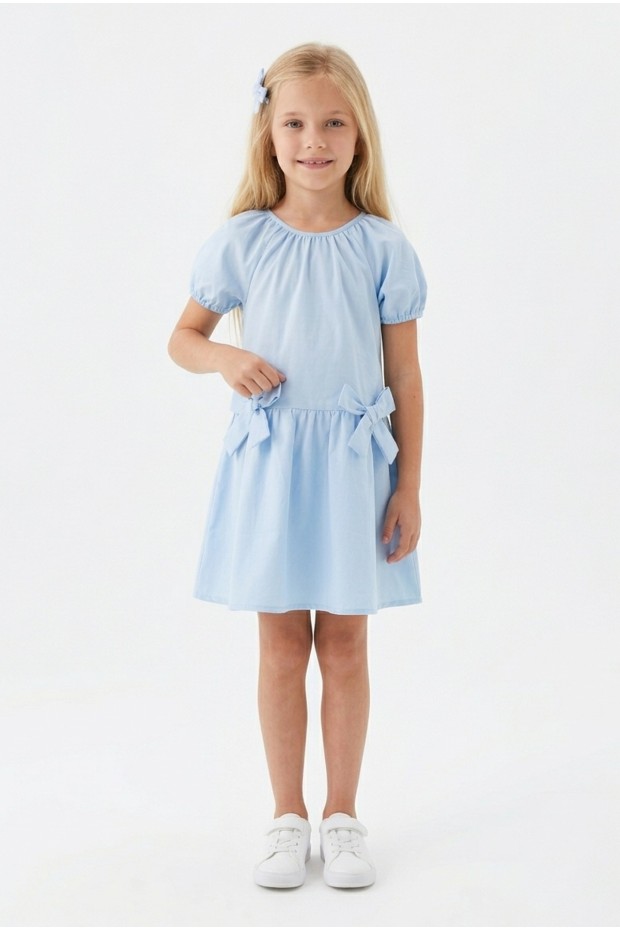 Kız Çocuk Karpuz Kollu Fiyonk Detay %100 Pamuk Vual Kumaş Elbise 