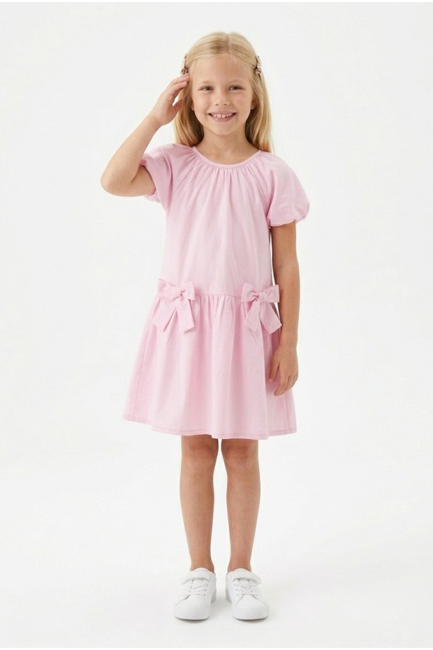 Kız Çocuk Karpuz Kollu Fiyonk Detay %100 Pamuk Vual Kumaş Elbise