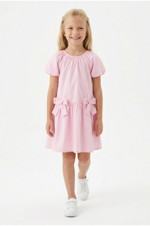 Kız Çocuk Karpuz Kollu Fiyonk Detay %100 Pamuk Vual Kumaş Elbise