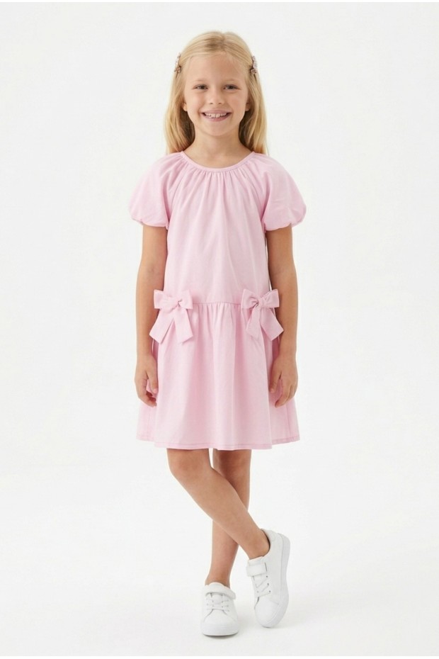 Kız Çocuk Karpuz Kollu Fiyonk Detay %100 Pamuk Vual Kumaş Elbise