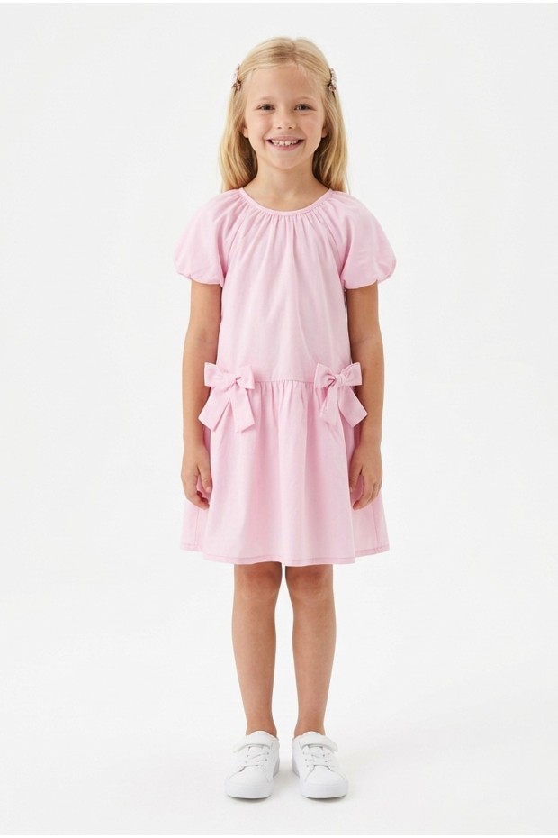 Kız Çocuk Karpuz Kollu Fiyonk Detay %100 Pamuk Vual Kumaş Elbise