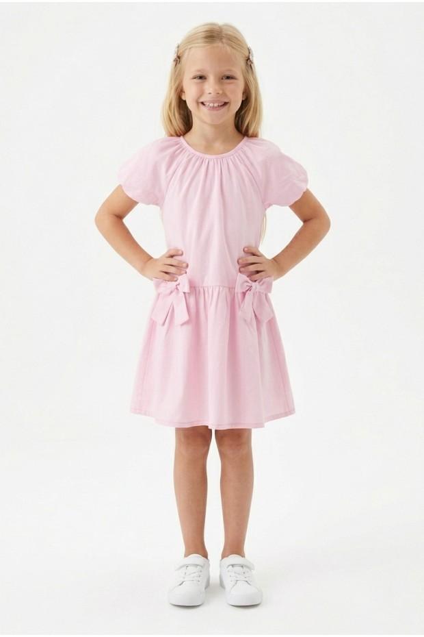 Kız Çocuk Karpuz Kollu Fiyonk Detay %100 Pamuk Vual Kumaş Elbise