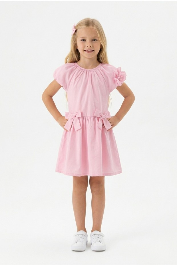 Kız Çocuk Karpuz Kollu Fiyonk Detay %100 Pamuk Vual Kumaş Elbise