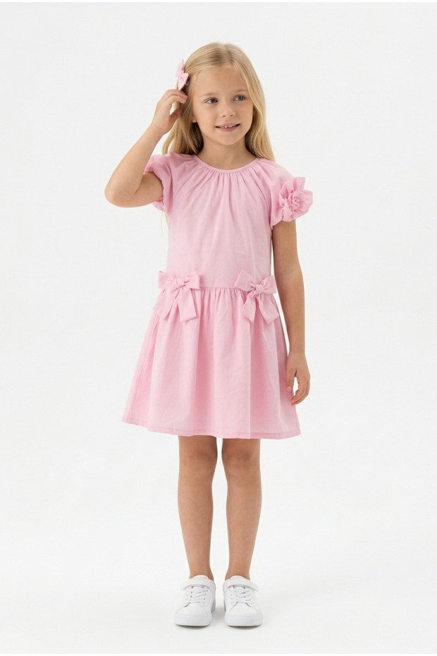 Kız Çocuk Karpuz Kollu Fiyonk Detay %100 Pamuk Vual Kumaş Elbise